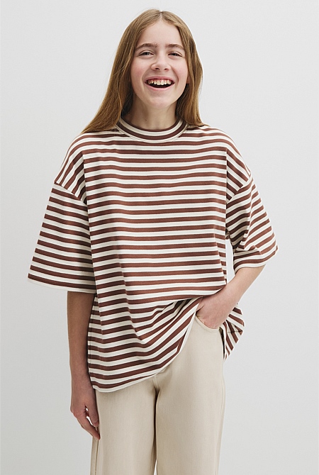 Teen Australian Cotton Blend Short Sleeve Oversized Stripe T-Shirt