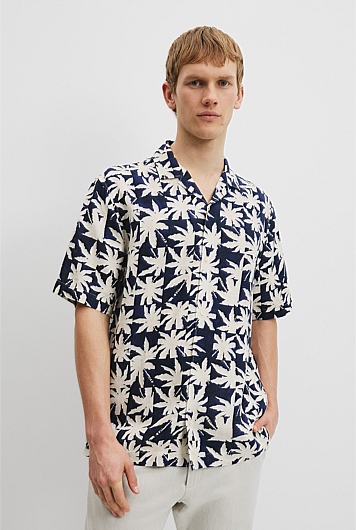 Organically Grown Linen Short Sleeve Palm Tile Print Shirt