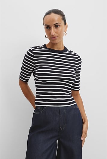 Australian Cotton Stripe Crop Rib T-Shirt