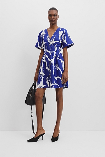 Organically Grown Linen Print Tuck Detail Mini Dress