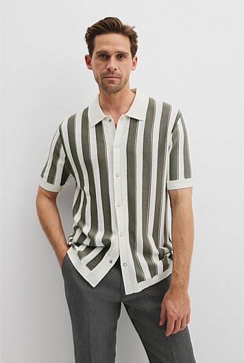 Cotton Silk Textured Stripe Knit Polo Shirt