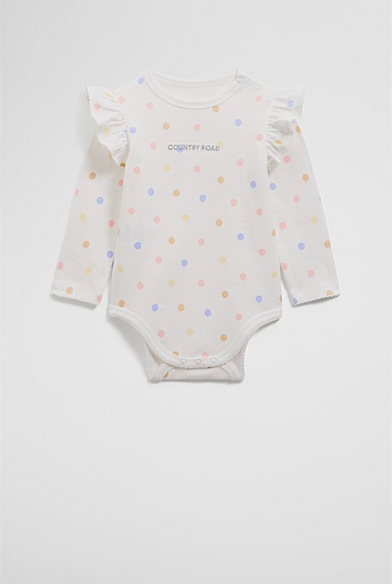 Organically Grown Cotton Frill Long Sleeve Logo Bodysuit