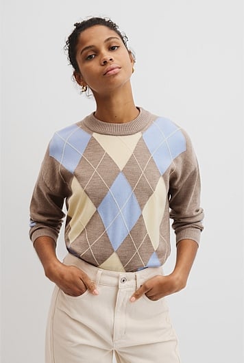 Merino Long Sleeve Argyle Knit
