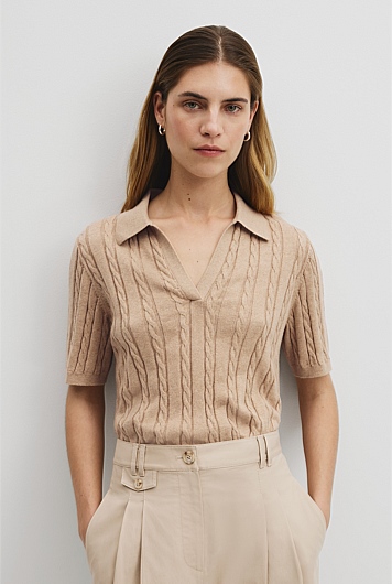 Organically Grown Cotton Blend Cable Polo Knit