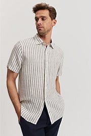 Regular Fit Organically Grown Linen Stripe Short Sleeve Shirt