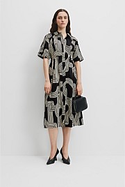 Organically Grown Linen Print Cinched Shirt Dress