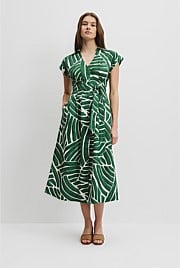 Organically Grown Linen Print Tuck Detail Midi Dress