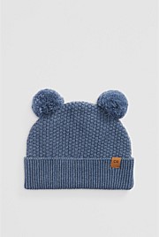 Organically Grown Cotton Blend Pom Ears Knit Beanie