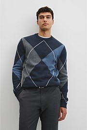 Merino Wool Argyle Crew Neck Knit