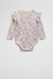 Organically Grown Cotton Blend Frill Long Sleeve Logo Bodysuit