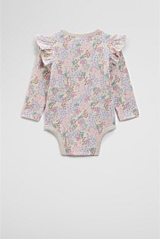 Organically Grown Cotton Blend Frill Long Sleeve Logo Bodysuit