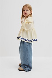 Long Sleeve Embroidered Shirred Blouse