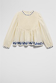 Long Sleeve Embroidered Shirred Blouse