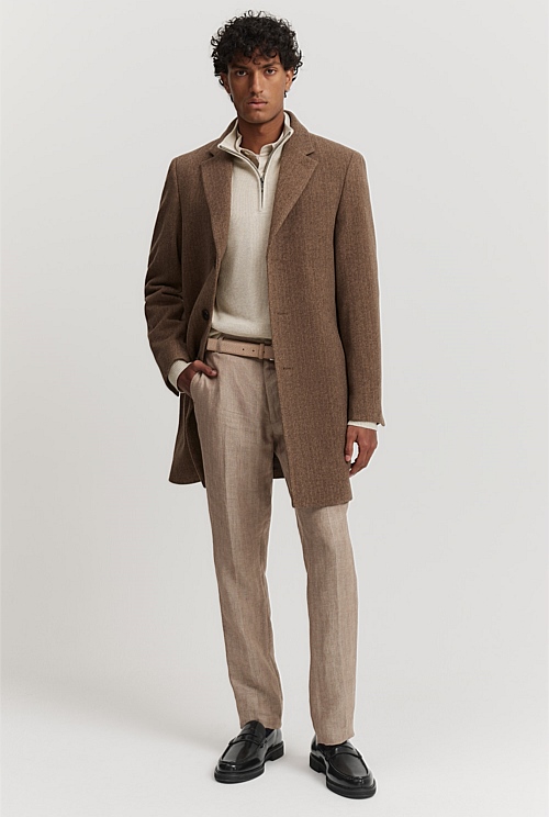 Recycled Wool Blend Herringbone Crombie