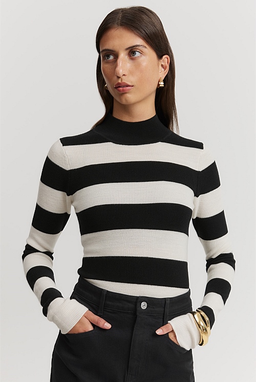 Verified Australian Merino Mock Neck Stripe Knit