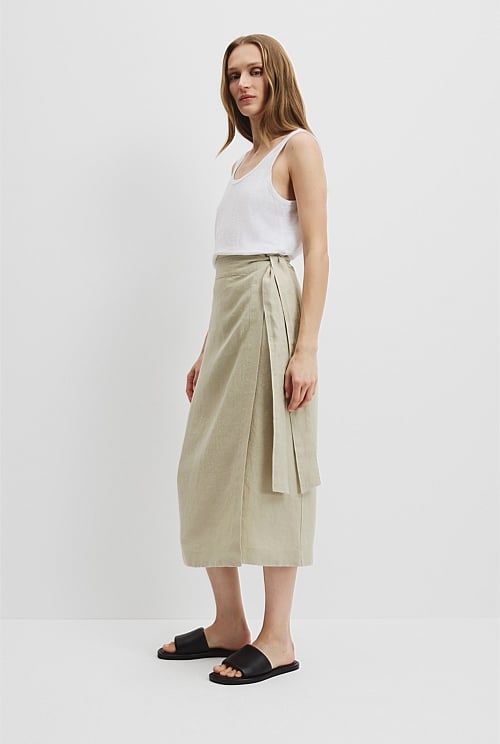 Organically Grown Linen Wrap Midi Skirt