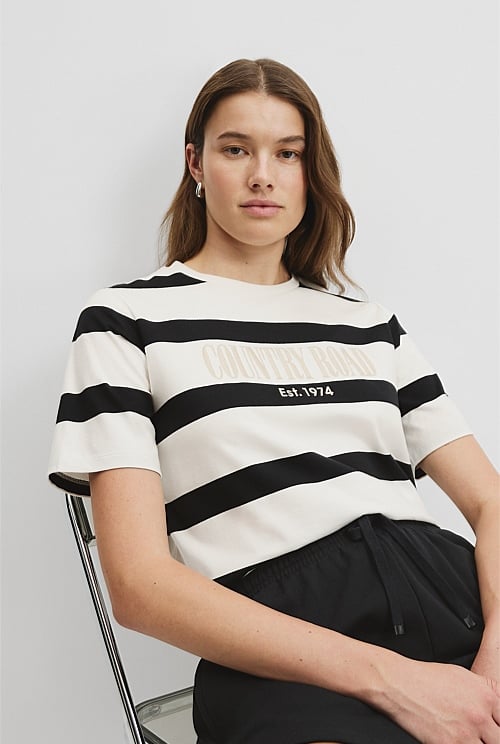 Verified Australian Cotton Stripe Heritage Embroidered T-Shirt