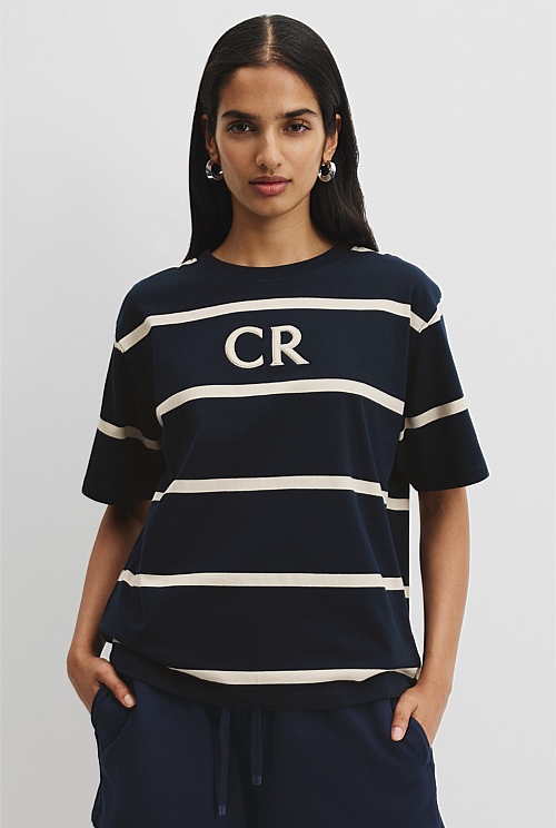 Australian Cotton Stripe Country Road Logo T-Shirt