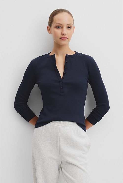 Australian Cotton Blend Rib Henley Top