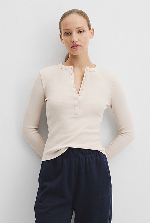 Australian Cotton Blend Rib Henley Top