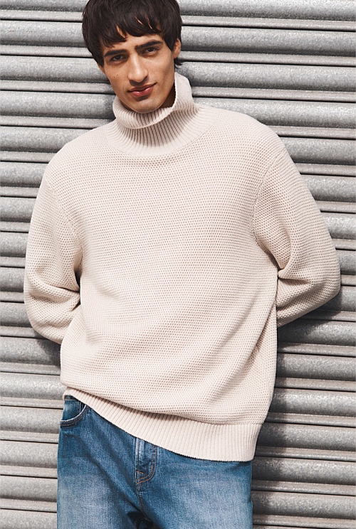 Australian Good Earth Cotton Wool Blend Textured Roll Neck Knit Australian Good Earth Cotton Wool Blend Textured Roll Neck Knit