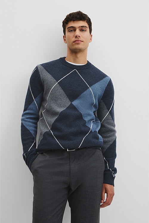 Merino Wool Argyle Crew Neck Knit