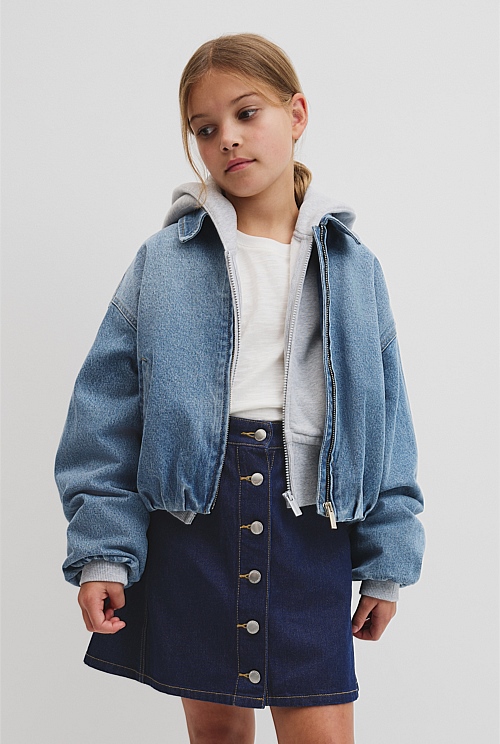 Teen Denim Pleated Bomber Teen Denim Pleated Bomber