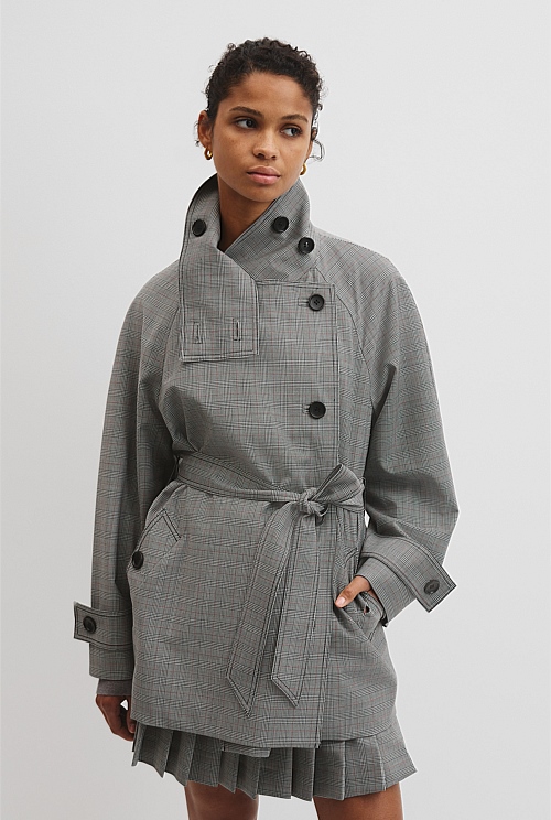 Wool Blend Funnel Check Jacket Wool Blend Funnel Check Jacket