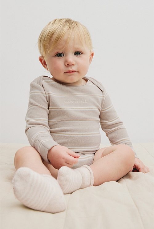 Organically Grown Cotton Stripe Logo Long Sleeve Bodysuit Organically Grown Cotton Stripe Logo Long Sleeve Bodysuit