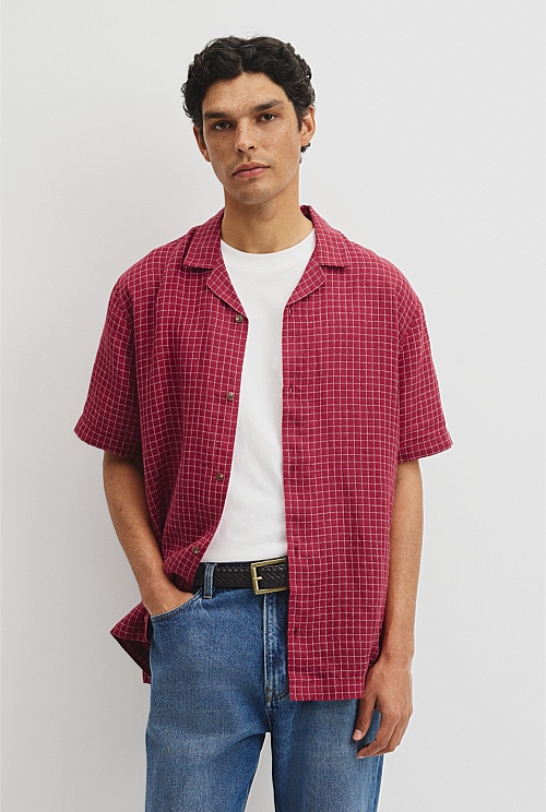 Relaxed Fit Short Sleeve Linen Blend Check Shirt Relaxed Fit Short Sleeve Linen Blend Check Shirt