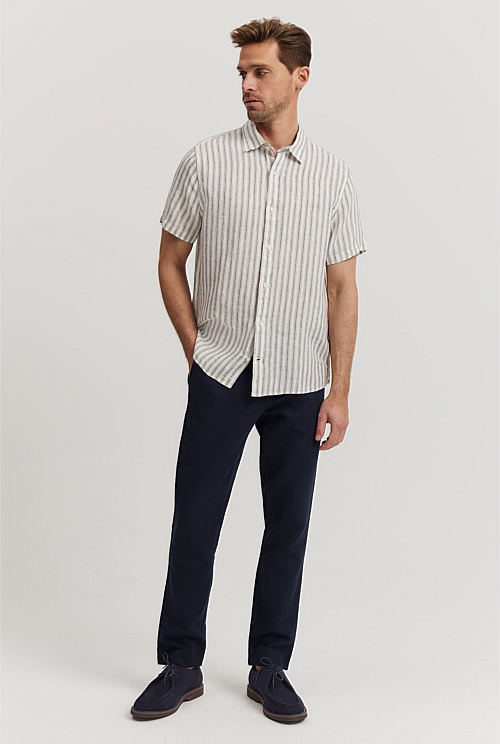 Regular Fit Organically Grown Linen Stripe Short Sleeve Shirt