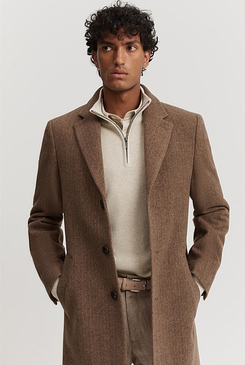 Recycled Wool Blend Herringbone Crombie