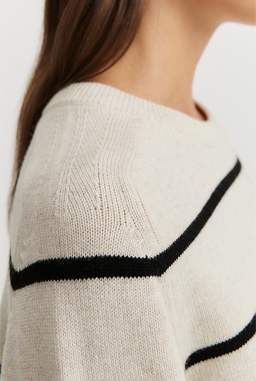 Organically Grown Cotton Blend Stripe Crop Crew Neck Knit