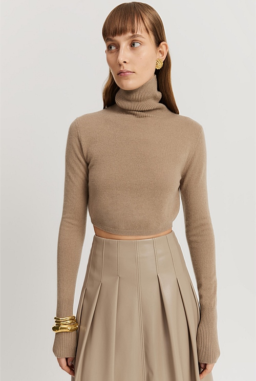 GCS-certified Cashmere Blend Cropped Roll Neck Knit