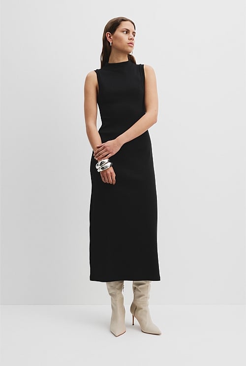 Australian Cotton Blend Mock Neck Rib Dress