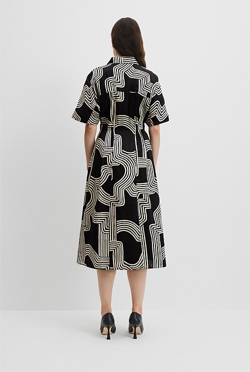 Organically Grown Linen Print Cinched Shirt Dress