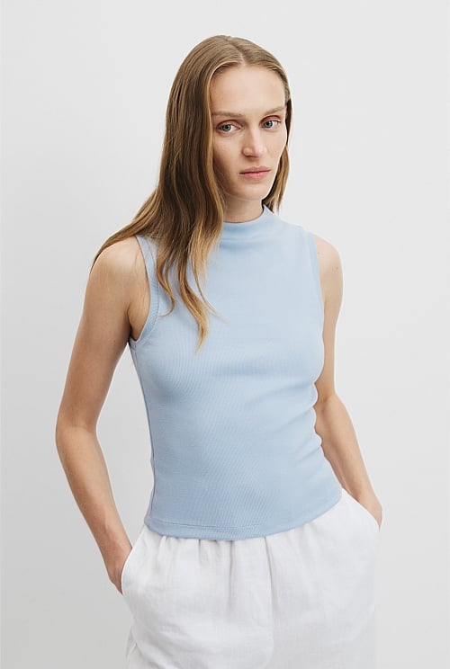 Australian Cotton Blend Mock Neck Rib Tank