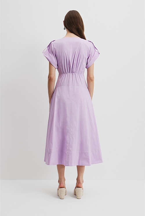 Organically Grown Cotton Blend Poplin Basque Midi Dress