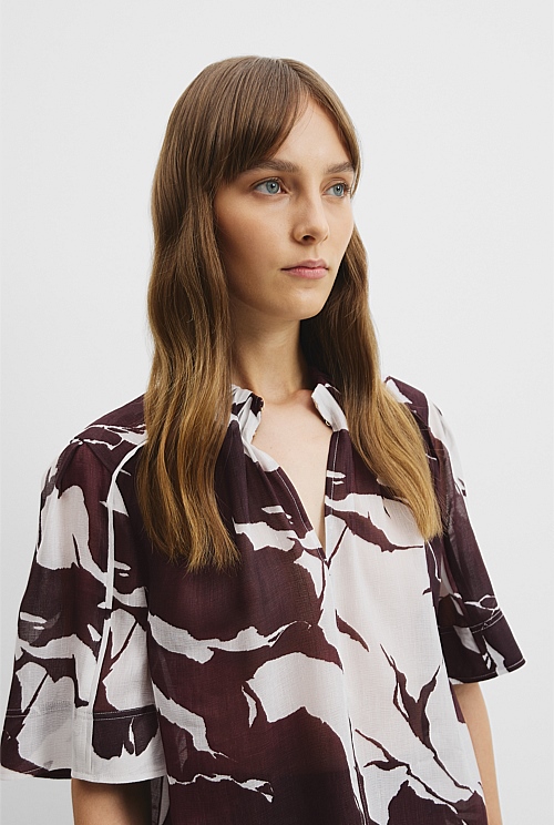 Print Gathered Short Sleeve Blouse