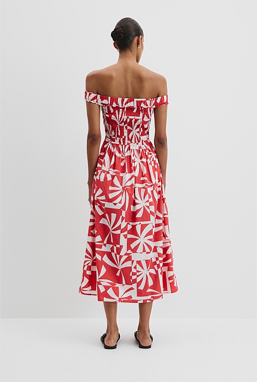 Print Shirred Midi Dress