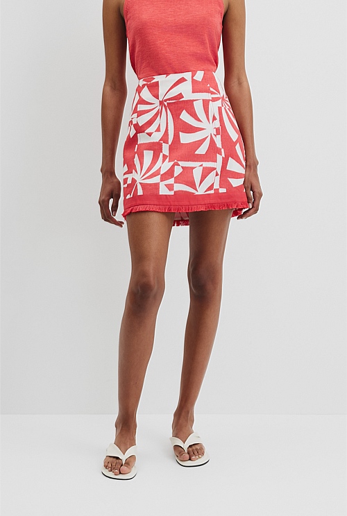Organically Grown Linen Print Fray Mini Skirt