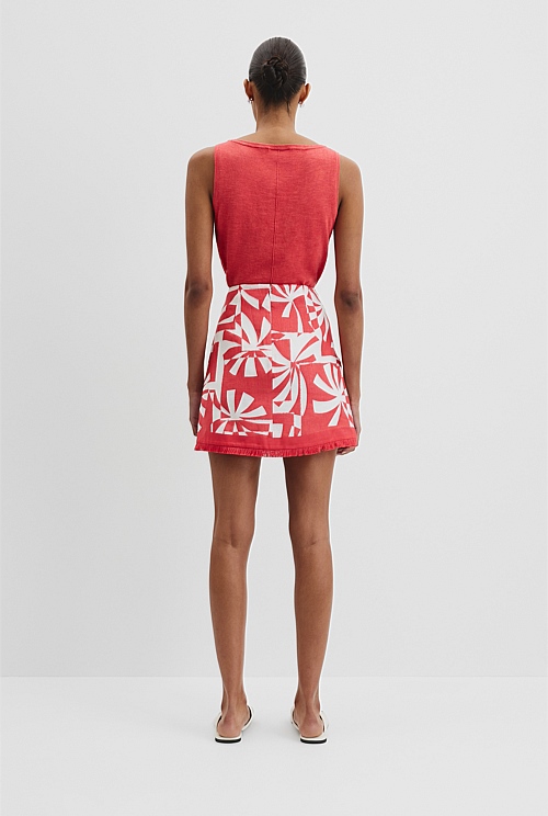 Organically Grown Linen Print Fray Mini Skirt