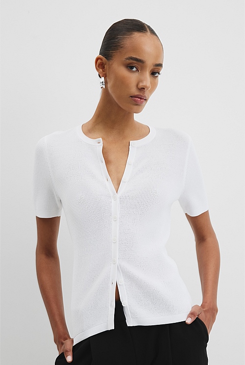 Waffle Short Sleeve Button Knit