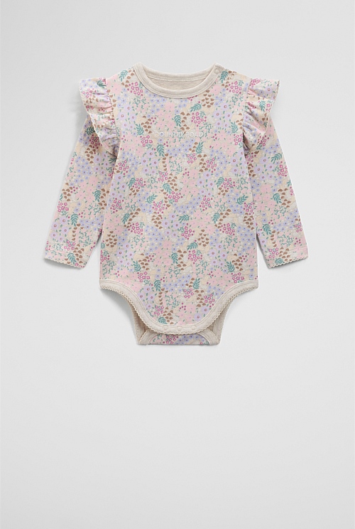 Organically Grown Cotton Blend Frill Long Sleeve Logo Bodysuit