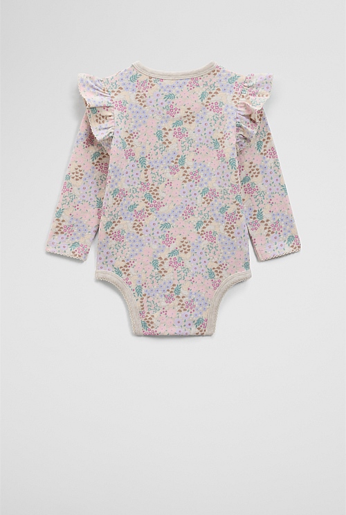 Organically Grown Cotton Blend Frill Long Sleeve Logo Bodysuit
