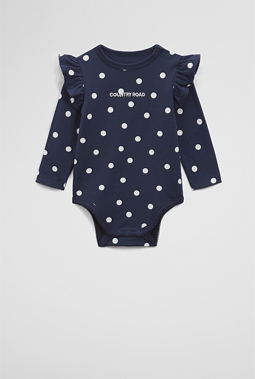 Organically Grown Cotton Blend Frill Long Sleeve Logo Bodysuit