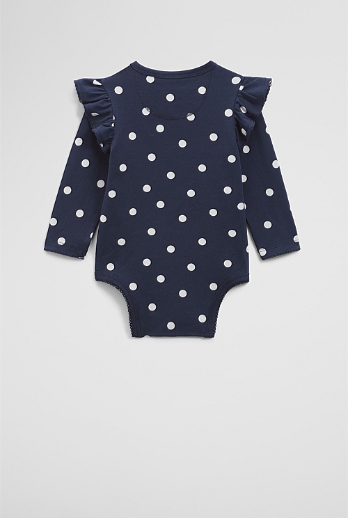 Organically Grown Cotton Blend Frill Long Sleeve Logo Bodysuit