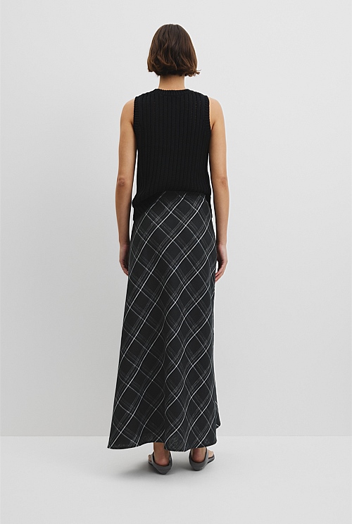 Organically Grown Linen Check Pull-On Midi Skirt