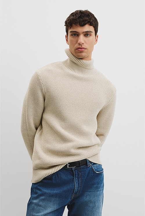 Australian Good Earth Cotton Wool Blend Textured Roll Neck Knit Australian Good Earth Cotton Wool Blend Textured Roll Neck Knit