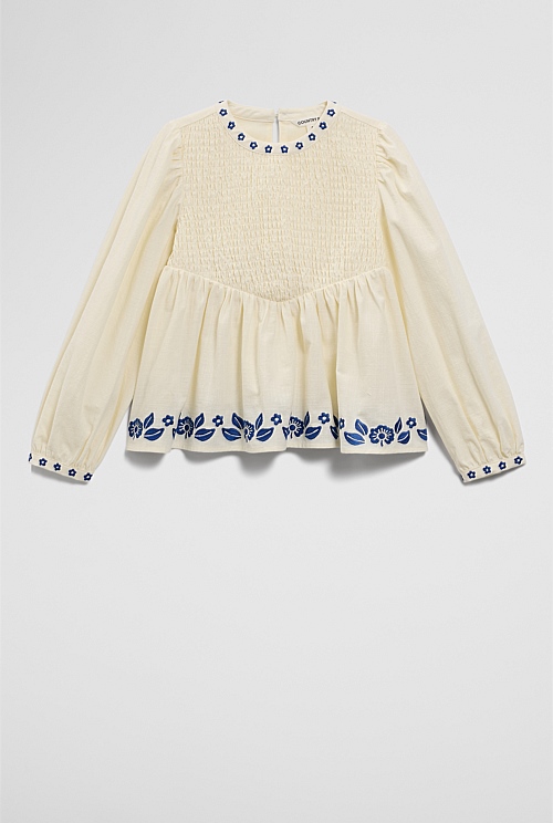Long Sleeve Embroidered Shirred Blouse